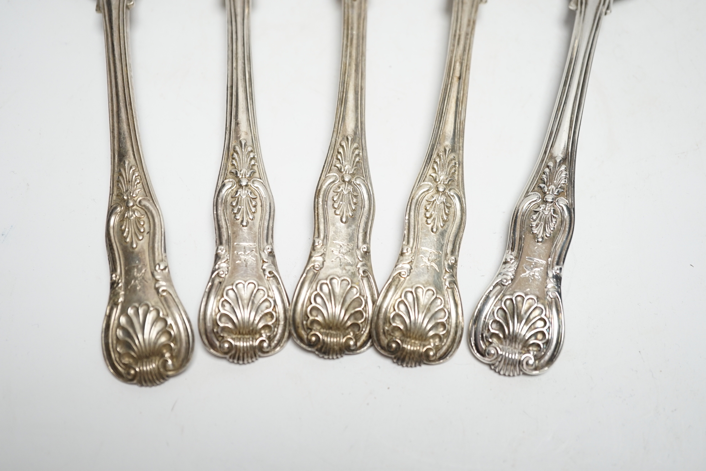 A set of five William IV silver Kings pattern dessert spoons, William Eaton, London, 1834, 10.2oz.